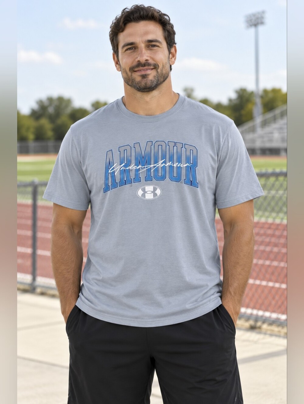 Under Armour Menβs XL Armour Wordmark Oversized Graphic T-Shirt Blue NWT